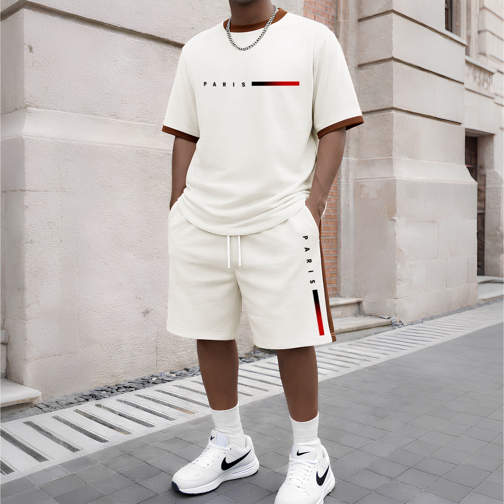Men's Paris Print Short-Sleeved T-Shirt And Drawstring Shorts Set, Men's Casual Sportswear, Short-Sleeved Top And Shorts, Suitable For Summer Daily Wear, Indoor And Outdoor Sports, Athletic Set.