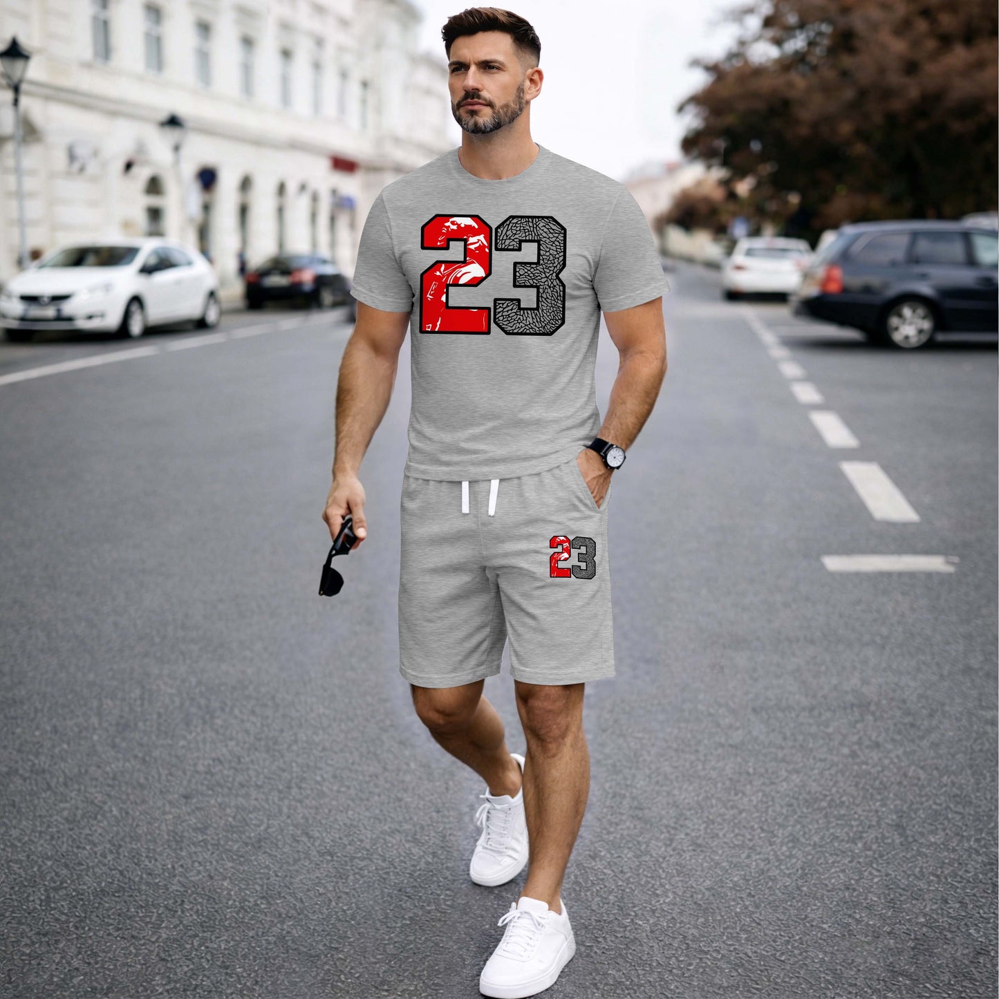 Men’s Summer 2 Piece Set, Basketball 23 Letter Print Short Sleeve T Shirt and Drawstring Shorts Matching Outfit, Lightweight Breathable Casual Set for Travel, Streetwear, Beach, Vacation, and Daily Wear