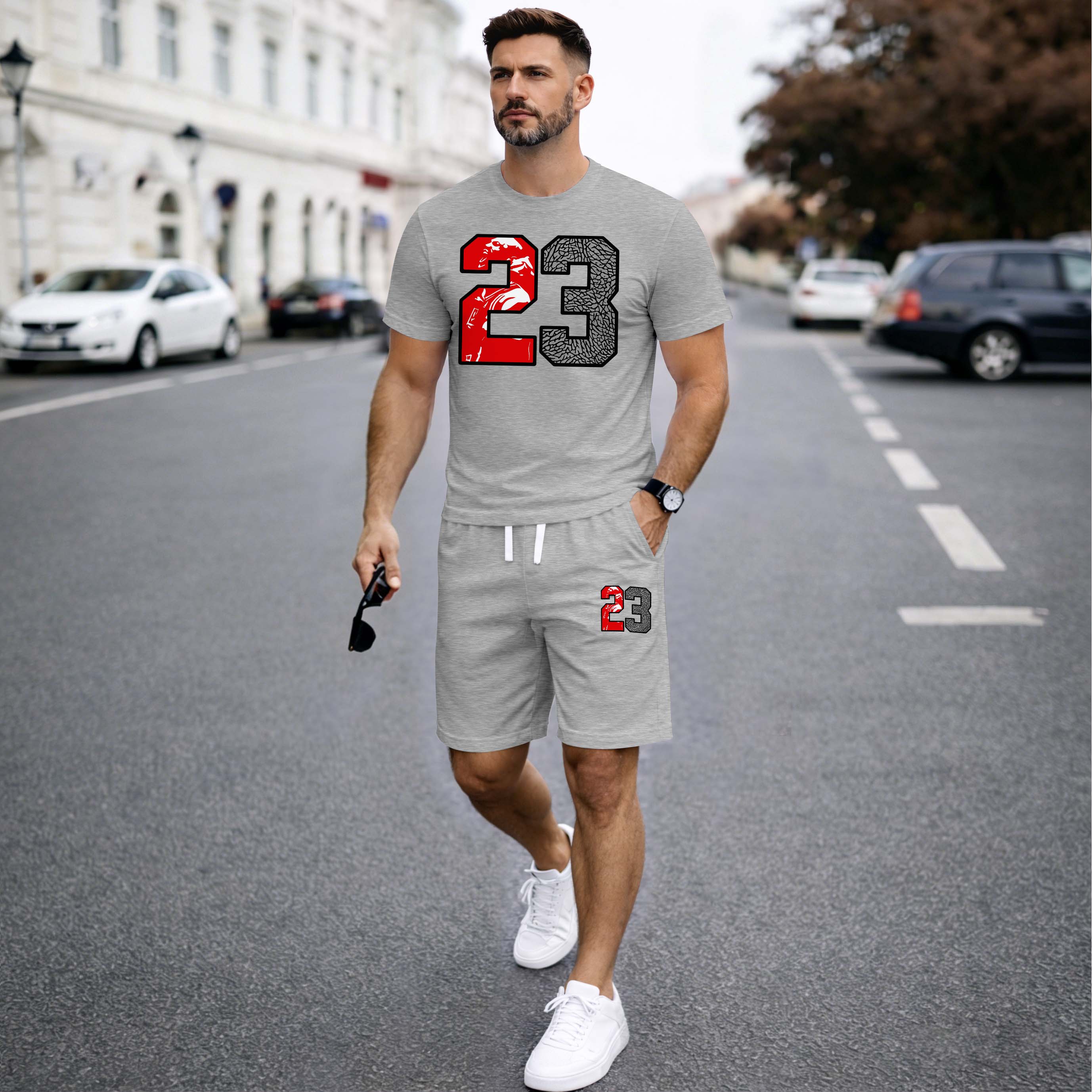Men’s Summer 2 Piece Set, Basketball 23 Letter Print Short Sleeve T Shirt and Drawstring Shorts Matching Outfit, Lightweight Breathable Casual Set for Travel, Streetwear, Beach, Vacation, and Daily Wear