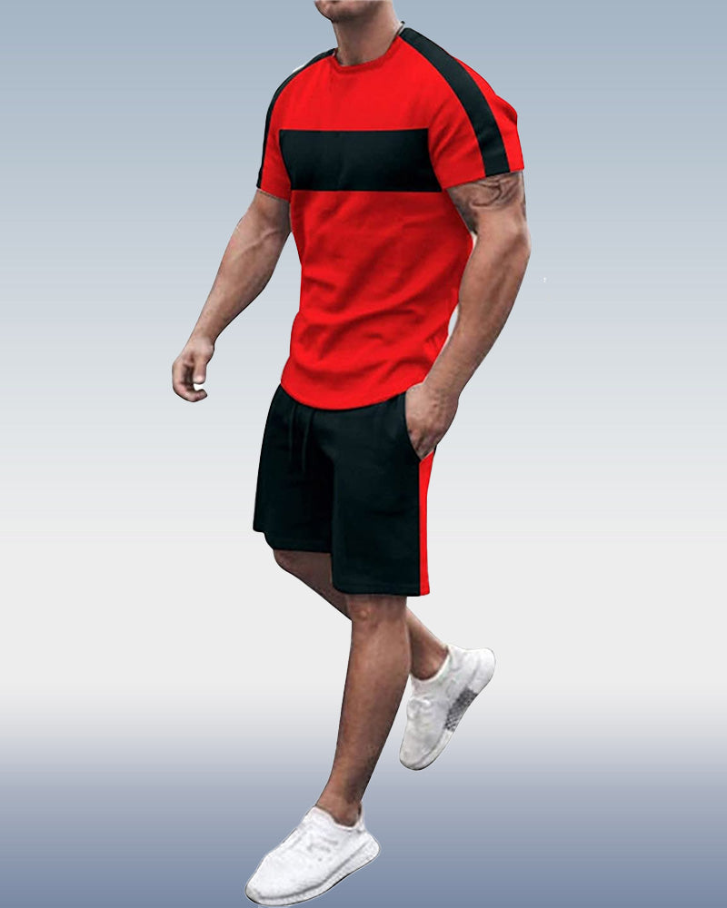 Suitmens Men's Simple Colorblock Print Shorts Set 073