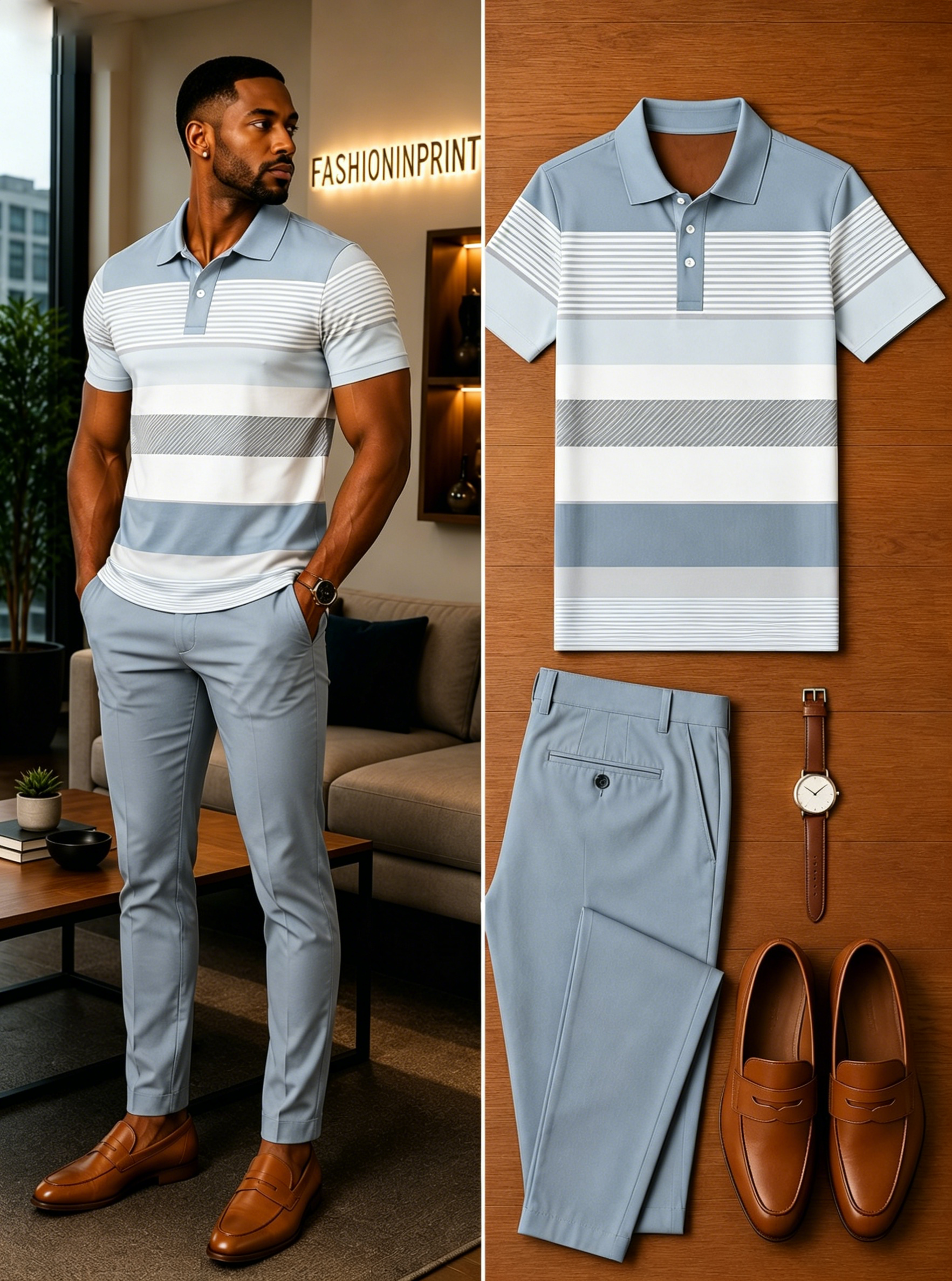 Men's Casual Short Sleeve Polo Shirt And Pants Two-Piece Set