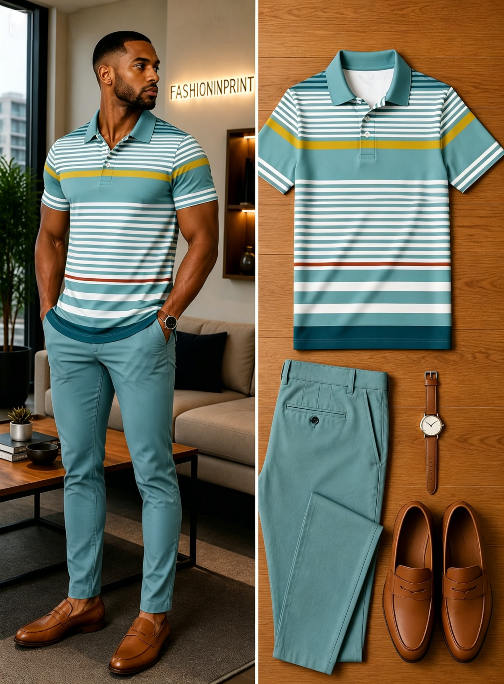 Men's Casual Short Sleeve Polo Shirt And Pants Two-Piece Set