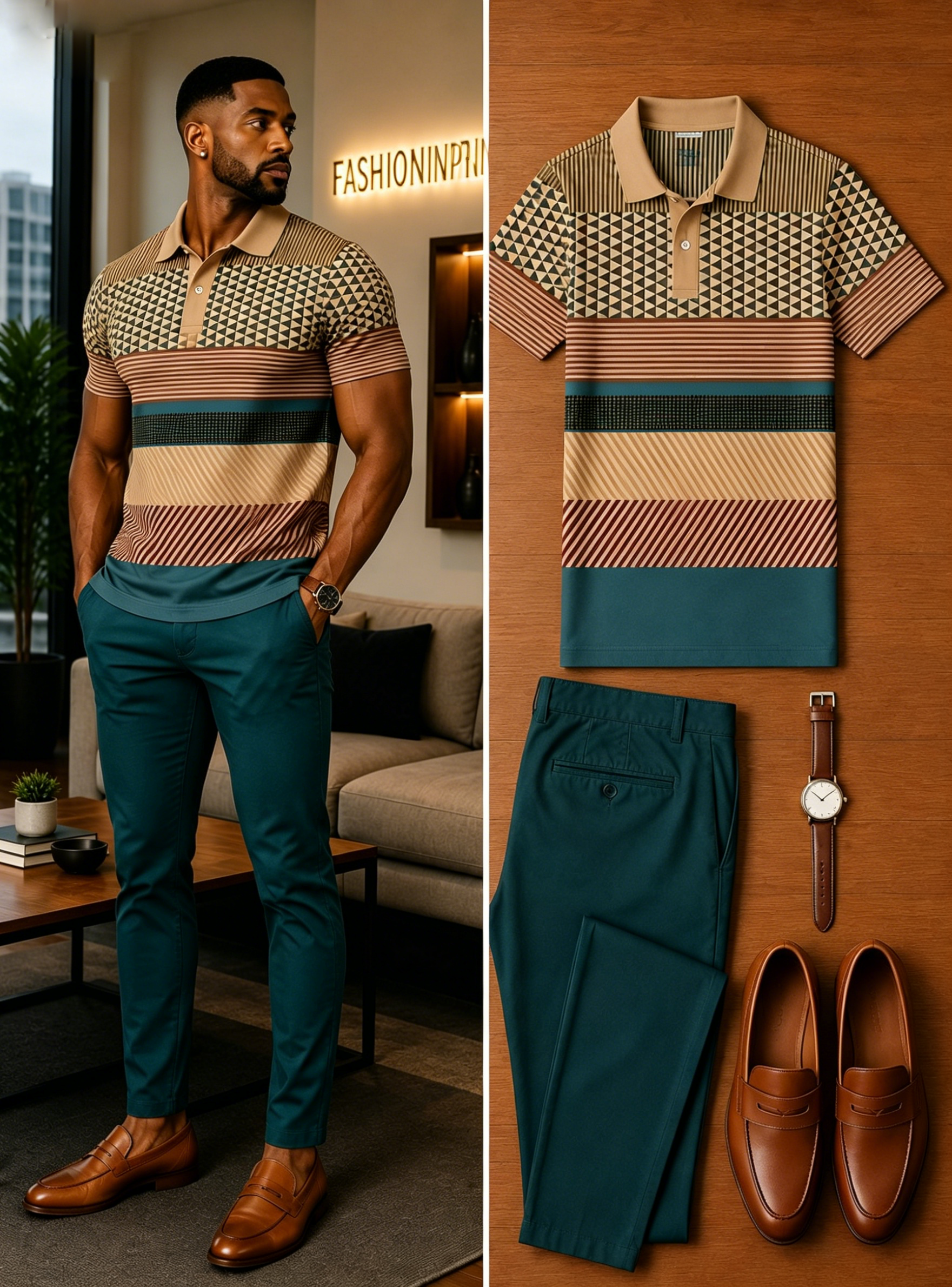 Men's Casual Short Sleeve Polo Shirt And Pants Two-Piece Set