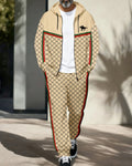 Men's Retro Luxury Thickened Fleece Colorblock Jacket Sports Hoodie Set 02
