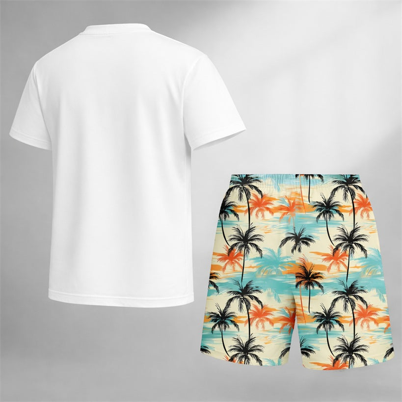 Men’s Beach Print Matching Set, Tropical Palm Graphic Short Sleeve Tee and Elastic Waist Shorts 2 Piece Outfit, Soft Breathable Summer Clothing for Vacation, Seaside Trips, Cruise, Holiday, Outdoor Leisure, and Everyday Wear