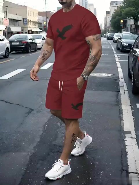 Men's Burgundy Simple Summer Round Neck Set 143