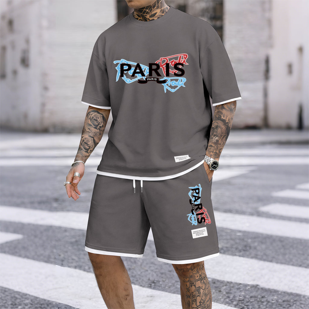 Men's PARIS Red & Blue Graffiti Letter Print Short Sleeve T-Shirt & Shorts Set, Summer Lightweight Waffle Sporty Casual Two-Piece Outfit, Streetwear for Gym & Daily Wear