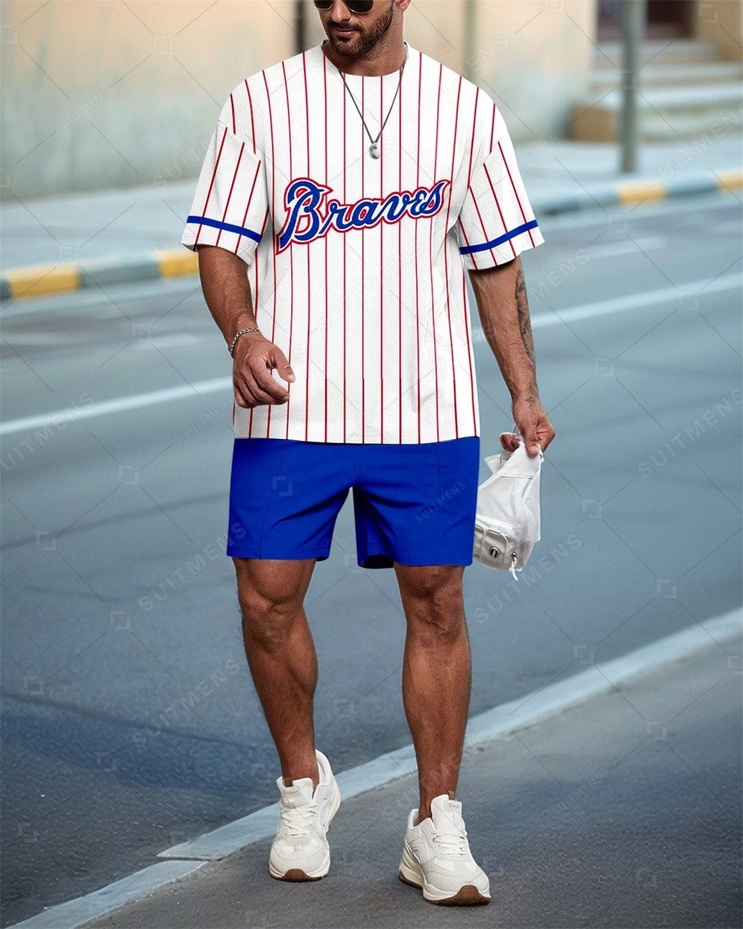Men's Atlanta Braves Striped Casual Summer Round Neck Set 0129