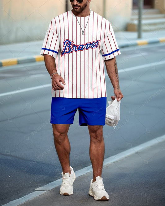 Men's Atlanta Braves Striped Casual Summer Round Neck Set 0129