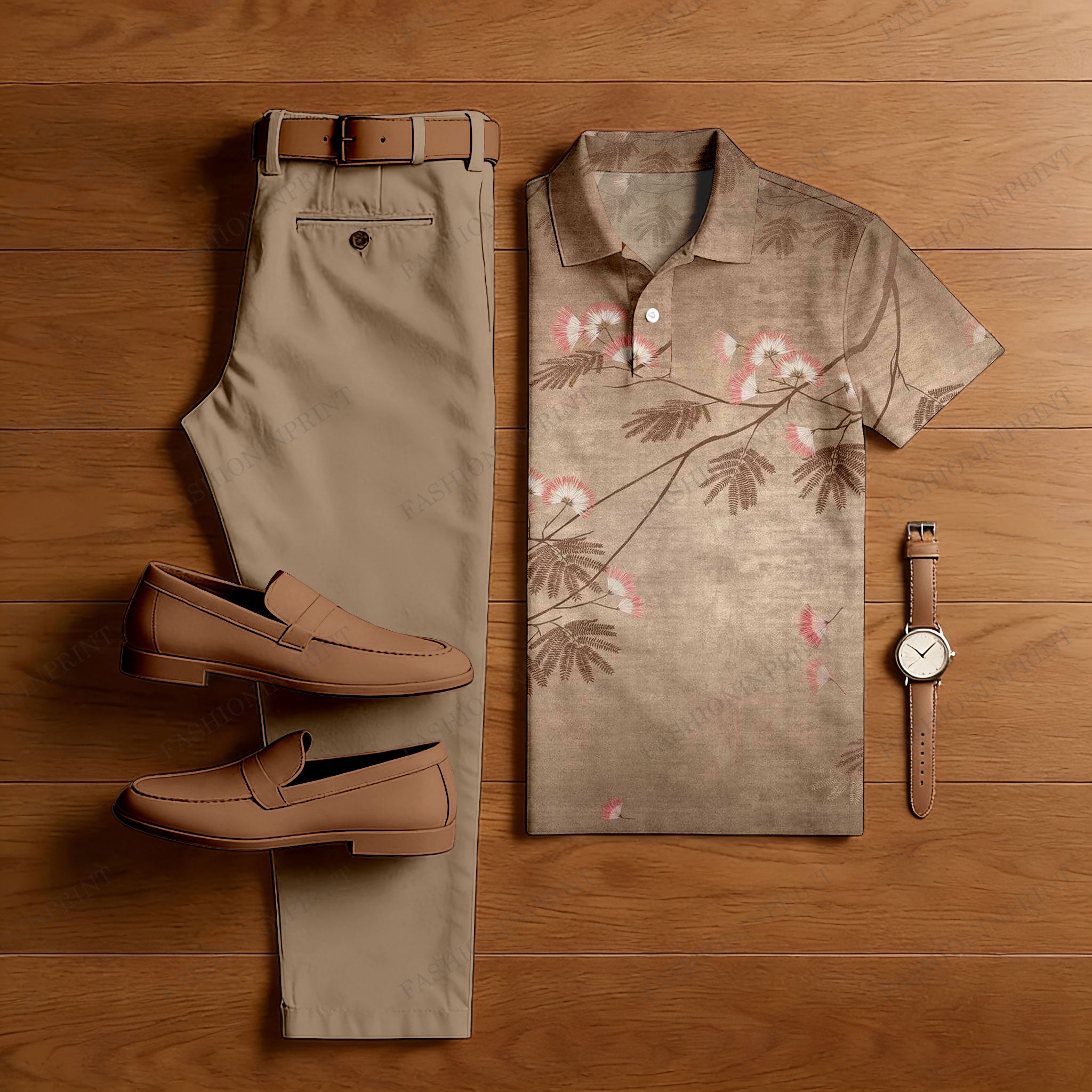 Men's Casual Brown Leaves Printed Polo Shirt And Pants Two-Piece Set