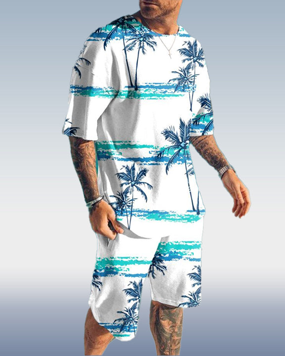 Men's White Hawaiian Print Shorts Set 416