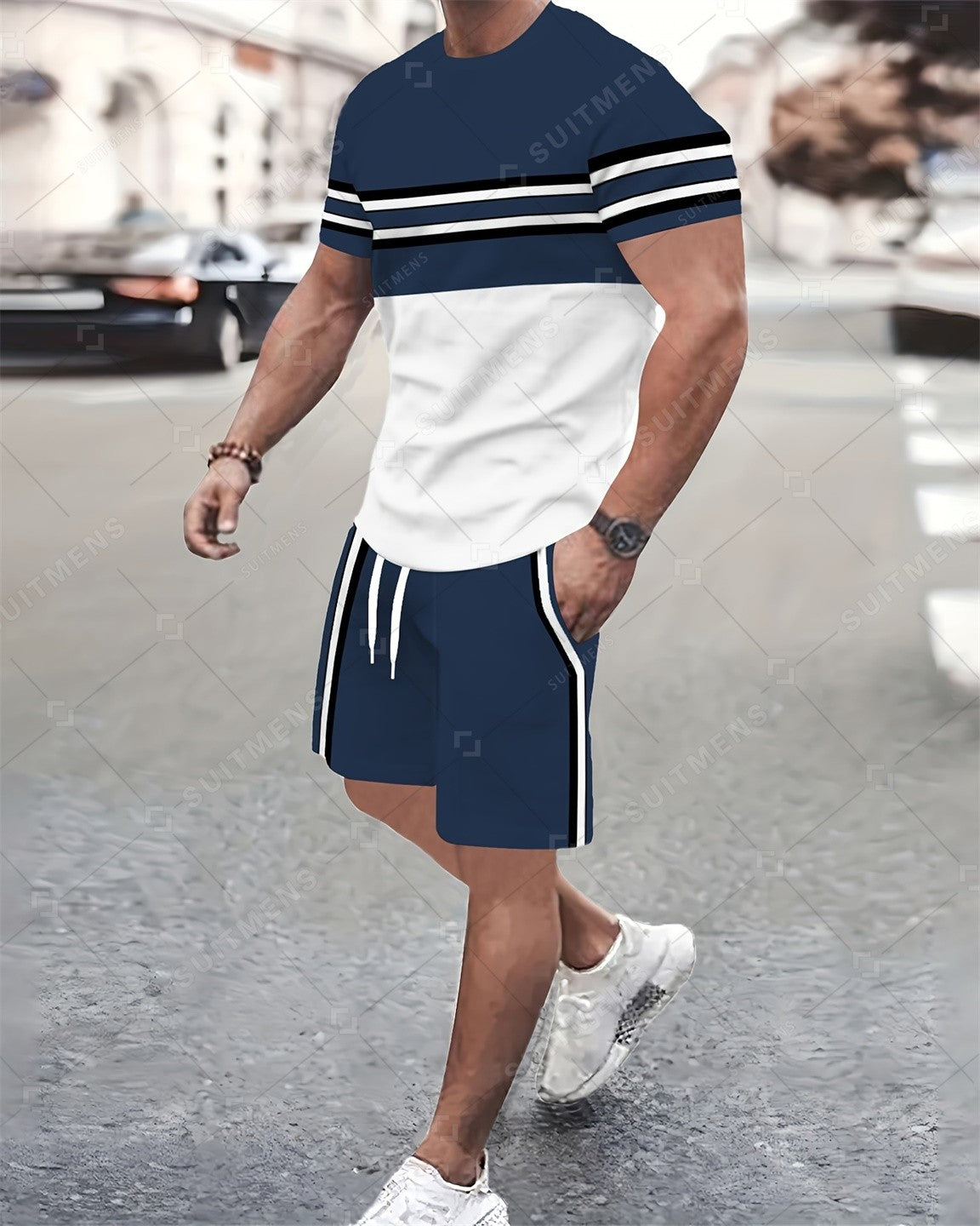 Men's Summer Retro Printed Round Neck Set 925