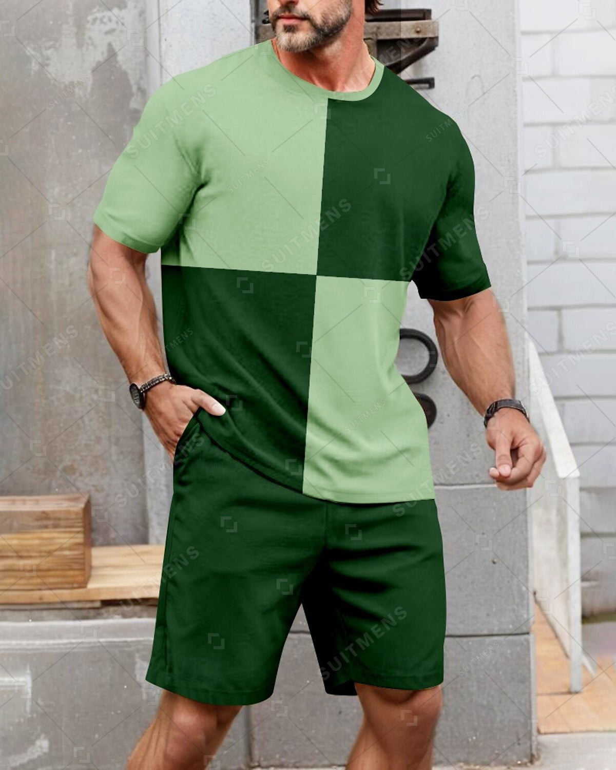 Men's Summer Color Matching Print Round Neck Set 236