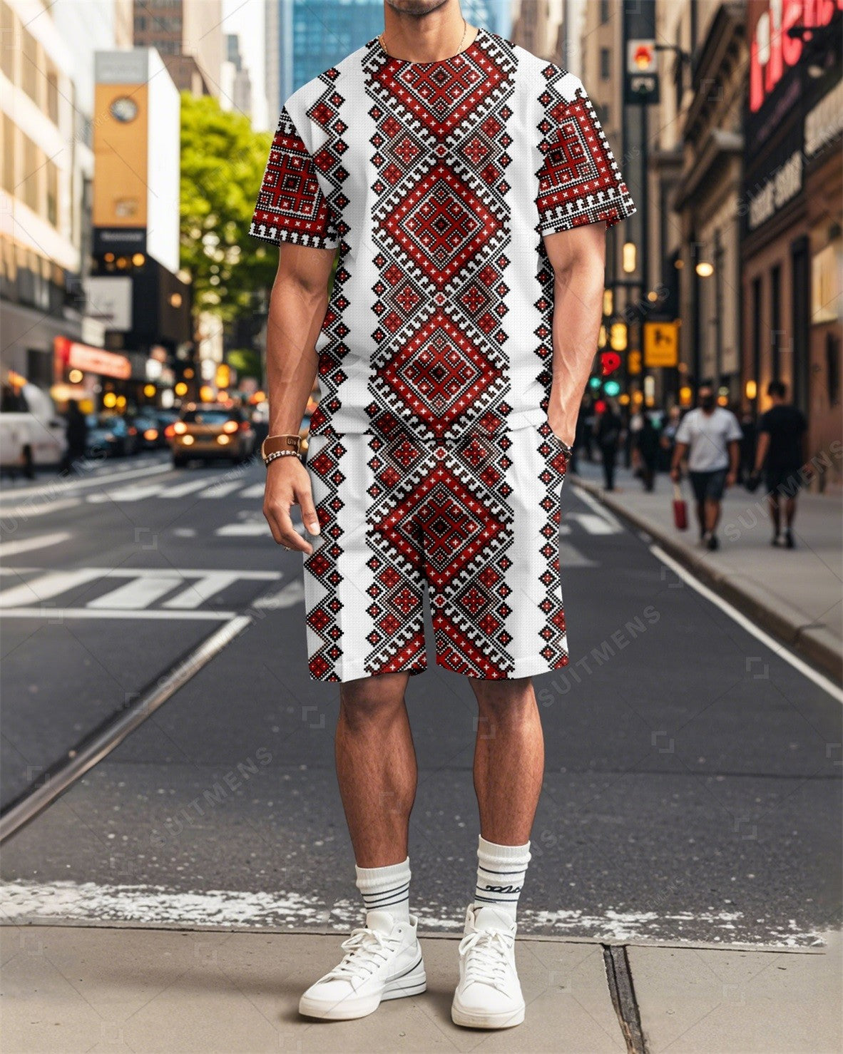 Men's Vintage Geometric Printed Summer Round Neck Set 2007