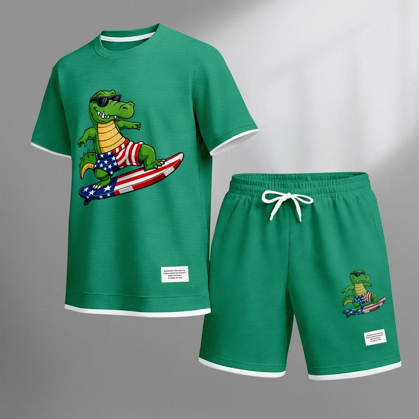 Men's Amusing Animals print drawstring shorts set for spring/summer, a casual summer outfit including a short-sleeved shirt and shorts, suitable for everyday wear and sports. A two-piece set for a relaxed and energetic lifestyle.