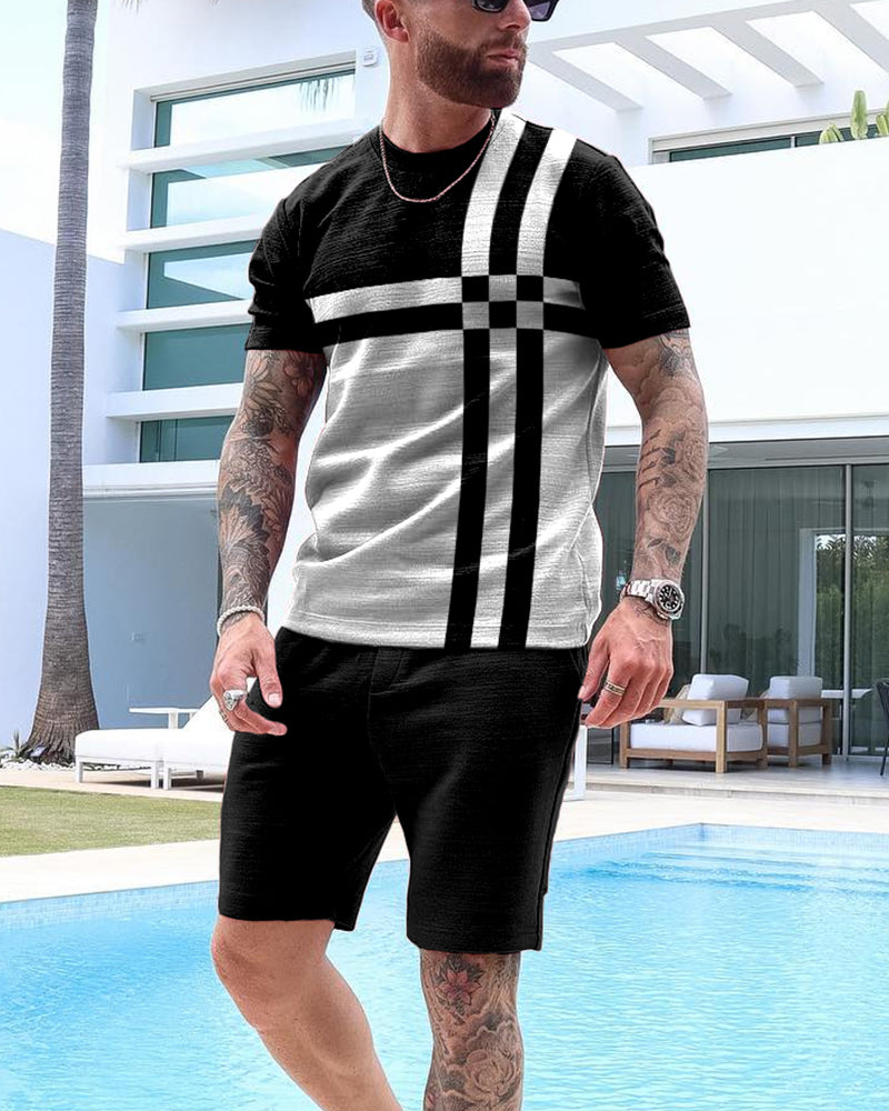 Men's Casual Colorblock Print Shorts Set 55