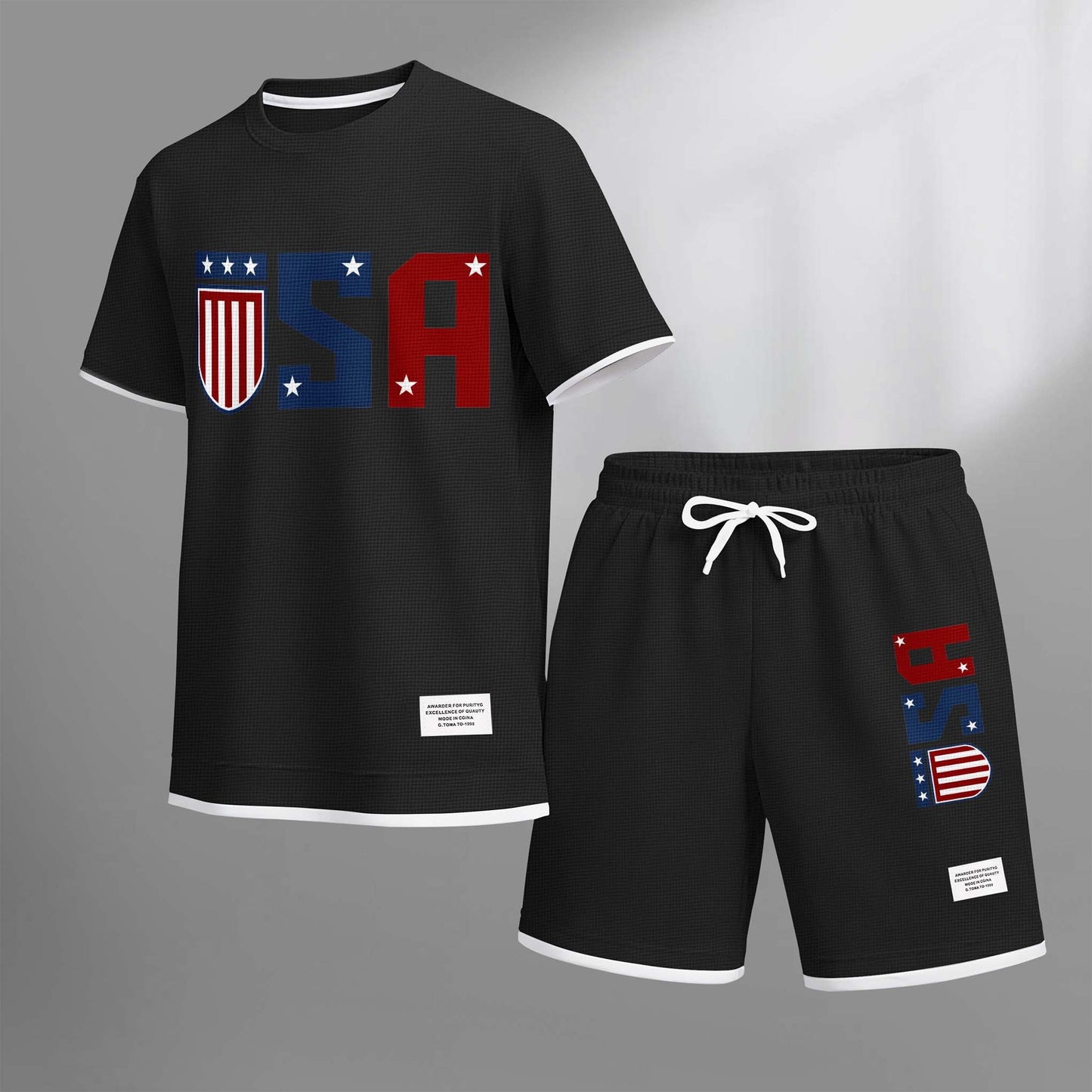 Men's USA Star Print Drawstring Shorts Set For Spring/Summer. A Casual Summer Outfit, Including A Short-Sleeved Shirt And Shorts, Suitable For Everyday Wear And Sports. A Two-Piece Set For A Relaxed And Energetic Lifestyle.