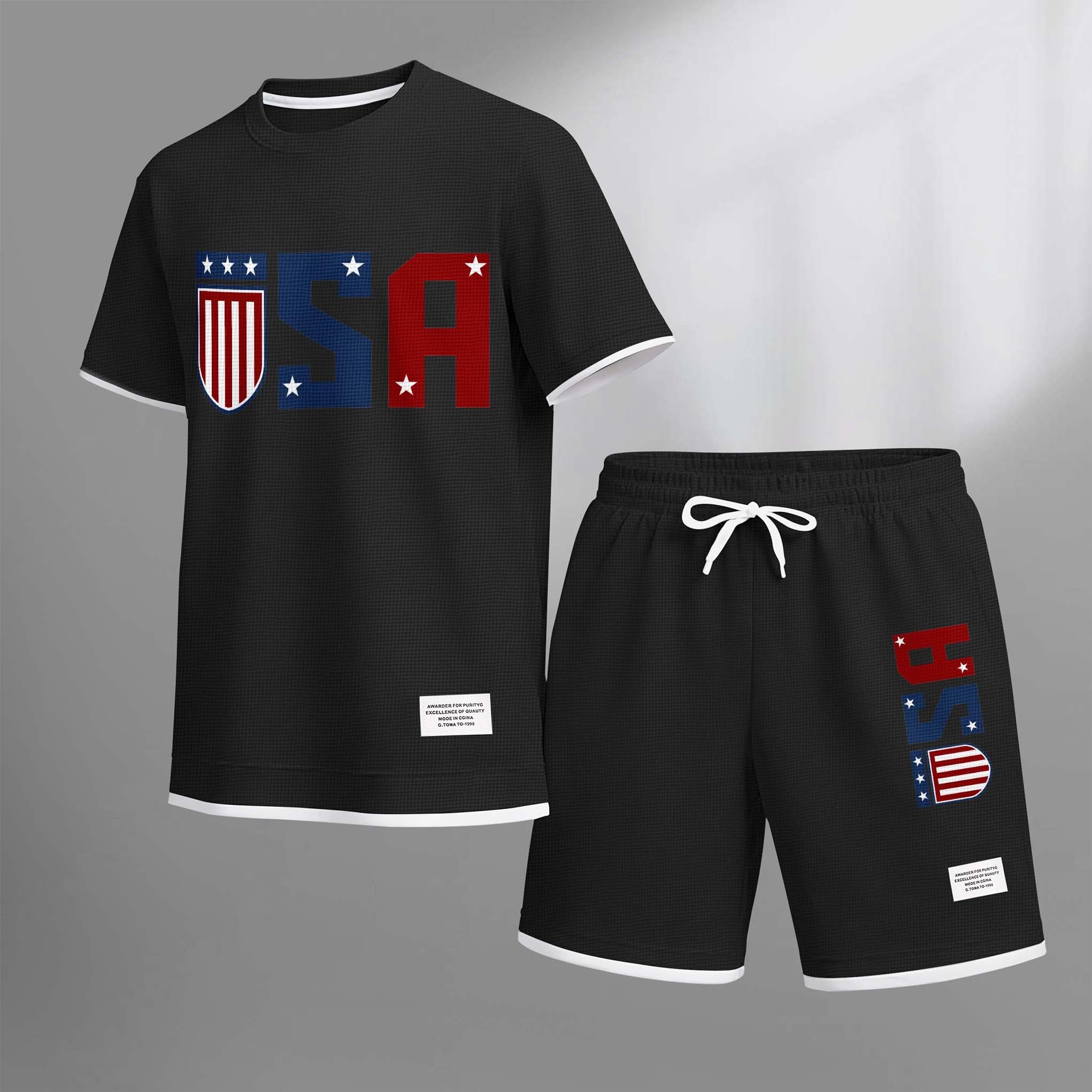 Men's USA Star Print Drawstring Shorts Set For Spring/Summer. A Casual Summer Outfit, Including A Short-Sleeved Shirt And Shorts, Suitable For Everyday Wear And Sports. A Two-Piece Set For A Relaxed And Energetic Lifestyle.