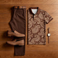 Men's Casual Dark Brown Printed Polo Shirt And Pants Two-Piece Set