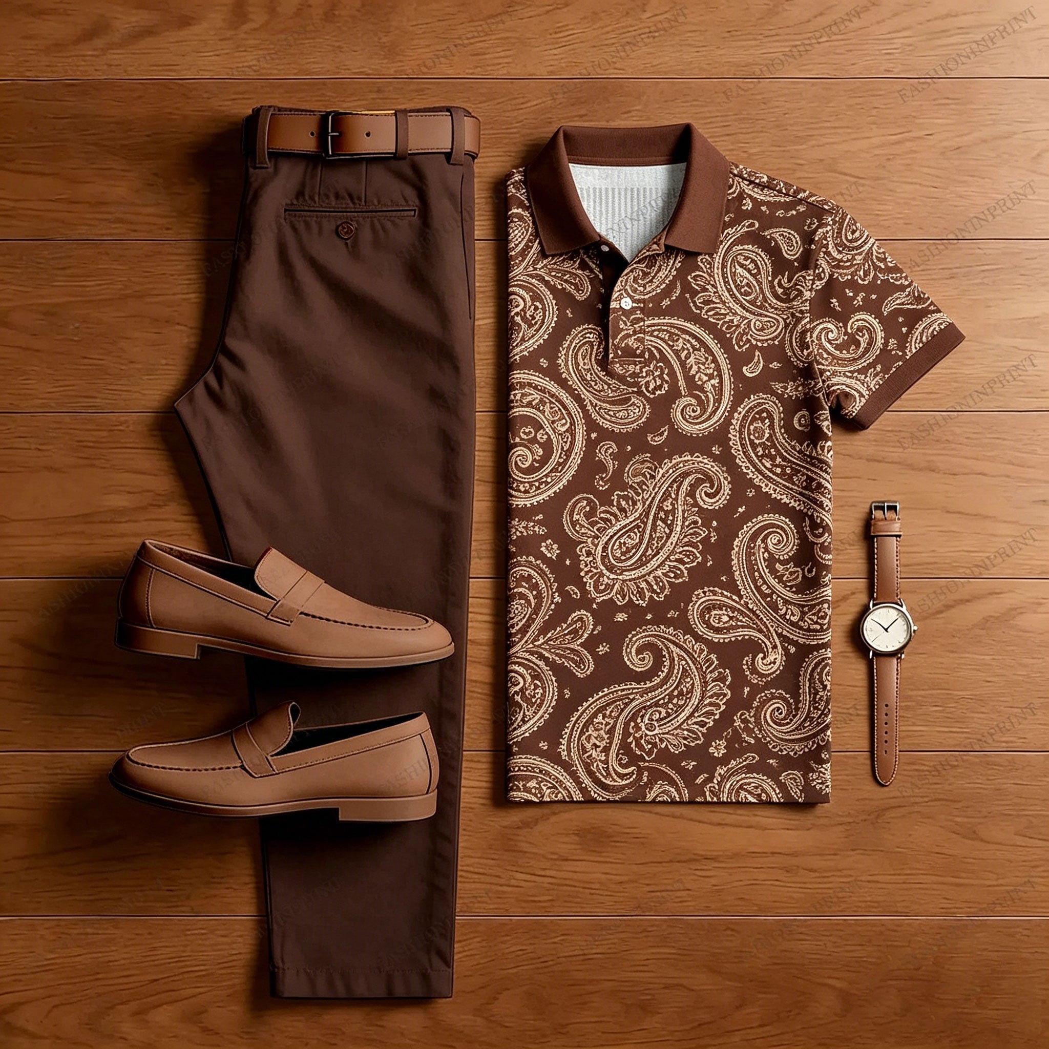 Men's Casual Dark Brown Printed Polo Shirt And Pants Two-Piece Set