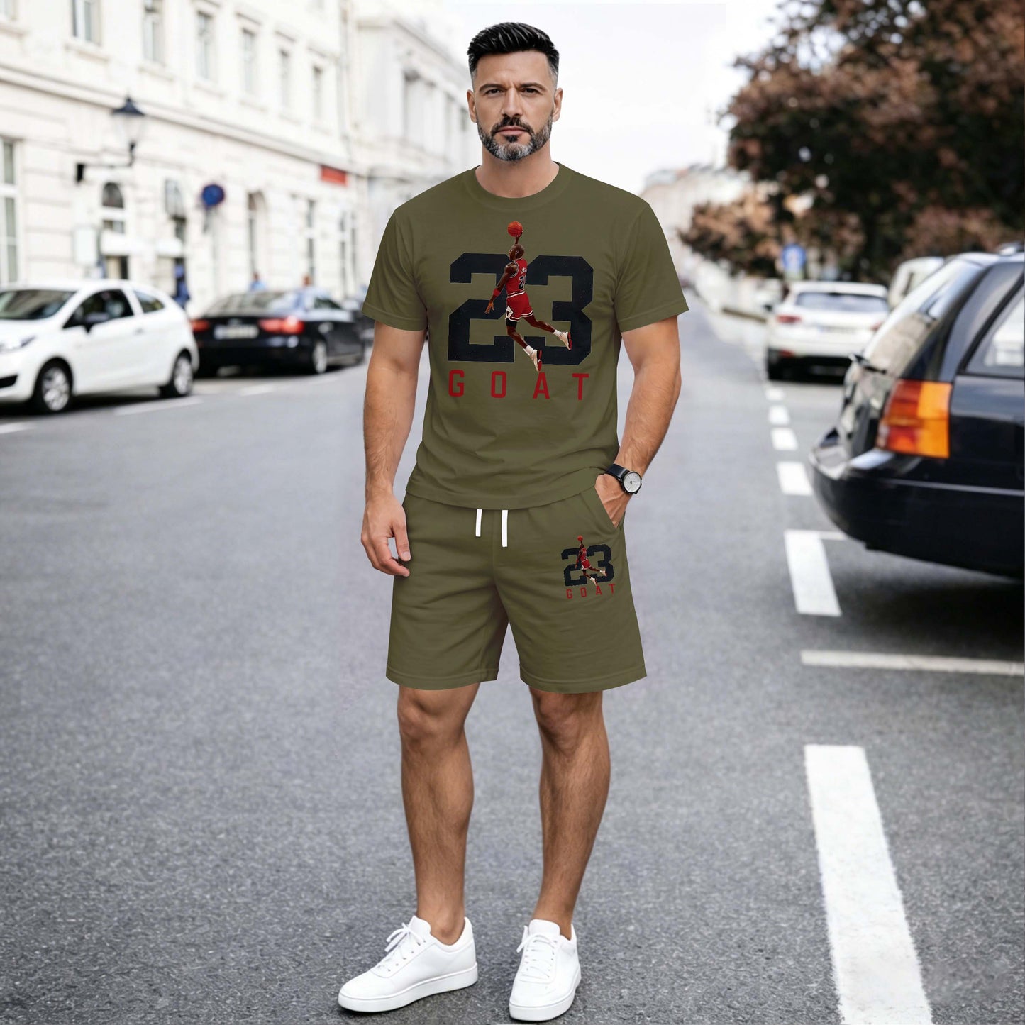 Men’s Summer 2 Piece Set, Basketball 23 Letter Print Short Sleeve T Shirt and Drawstring Shorts Matching Outfit, Lightweight Breathable Casual Set for Travel, Streetwear, Beach, Vacation, and Daily Wear