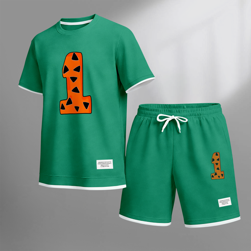 Men's Casual Style Number “1” Print Waffle Fabric Short-Sleeved Shirt And Shorts Set