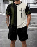 Men's Summer Colorblock Printed Round Neck Set 472