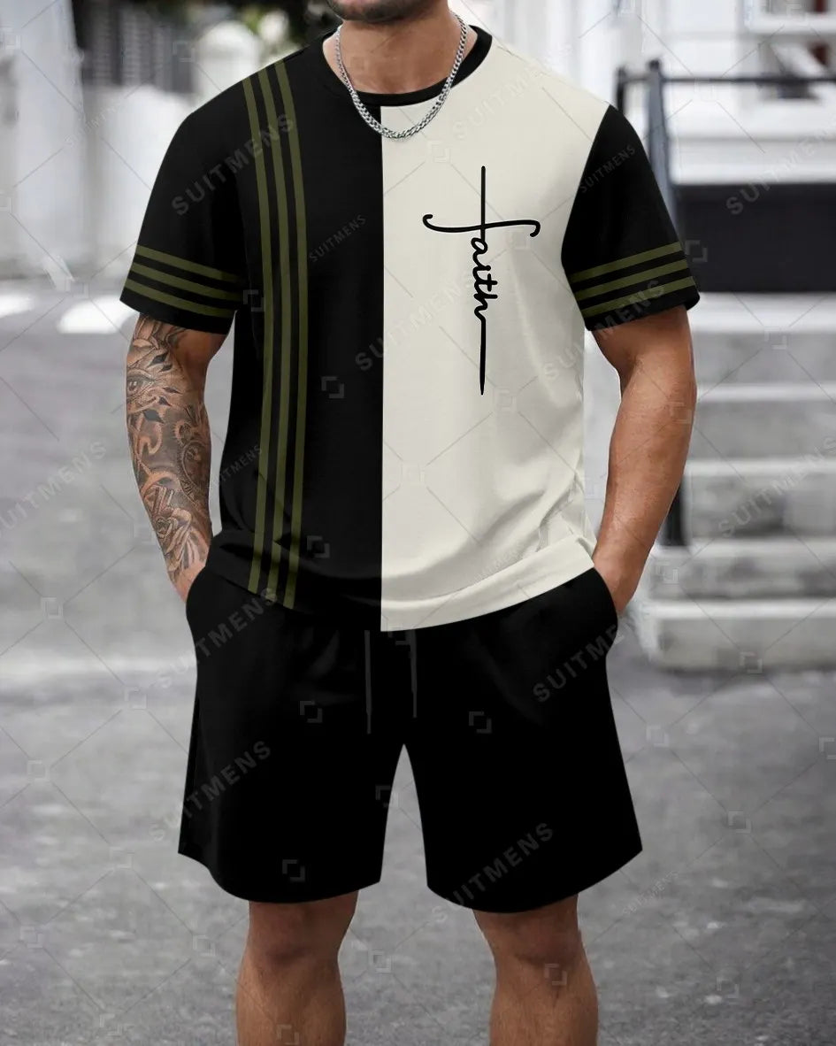 Men's Summer Colorblock Printed Round Neck Set 472