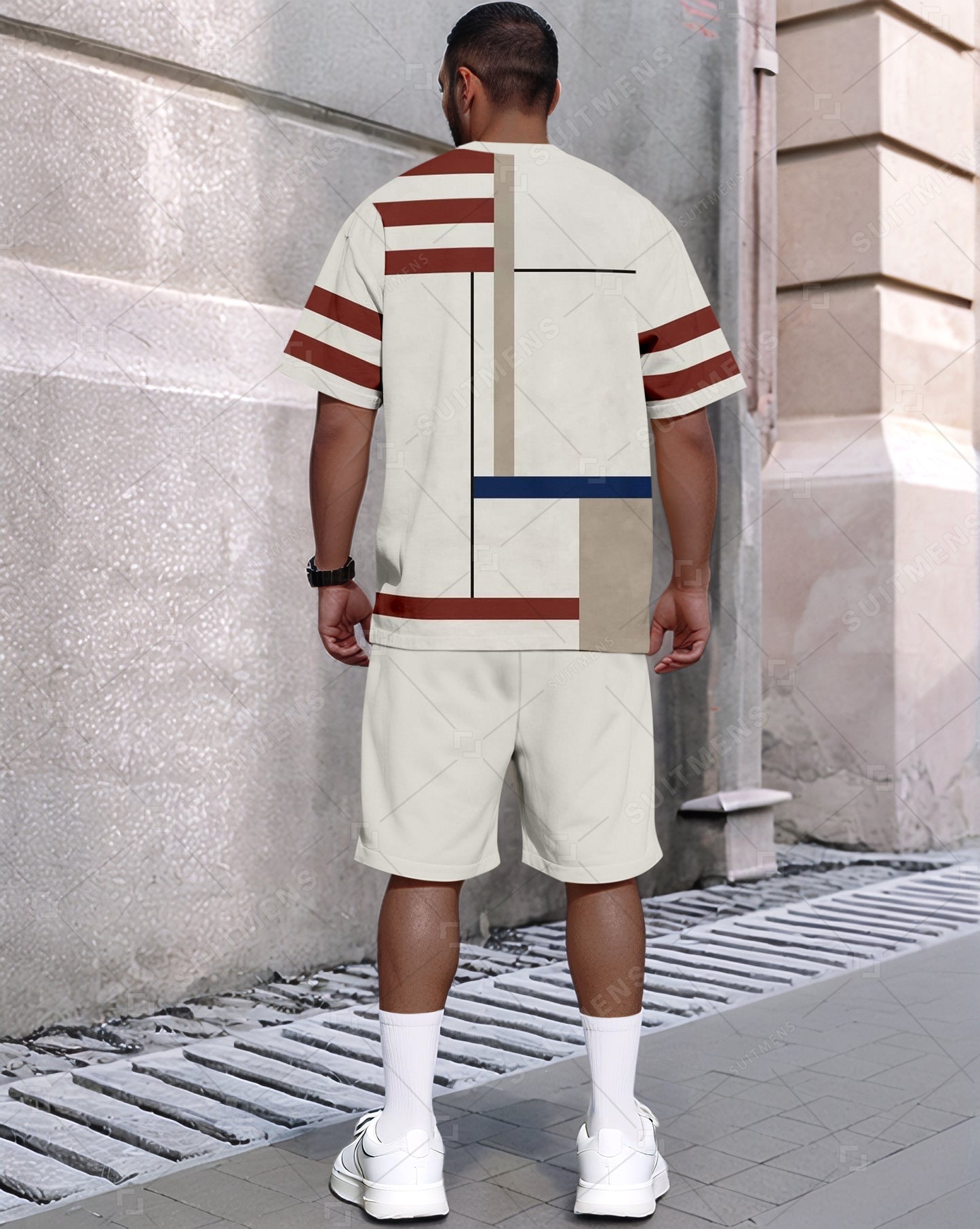 Men's Summer Colorblock Printed Round Neck Set 487