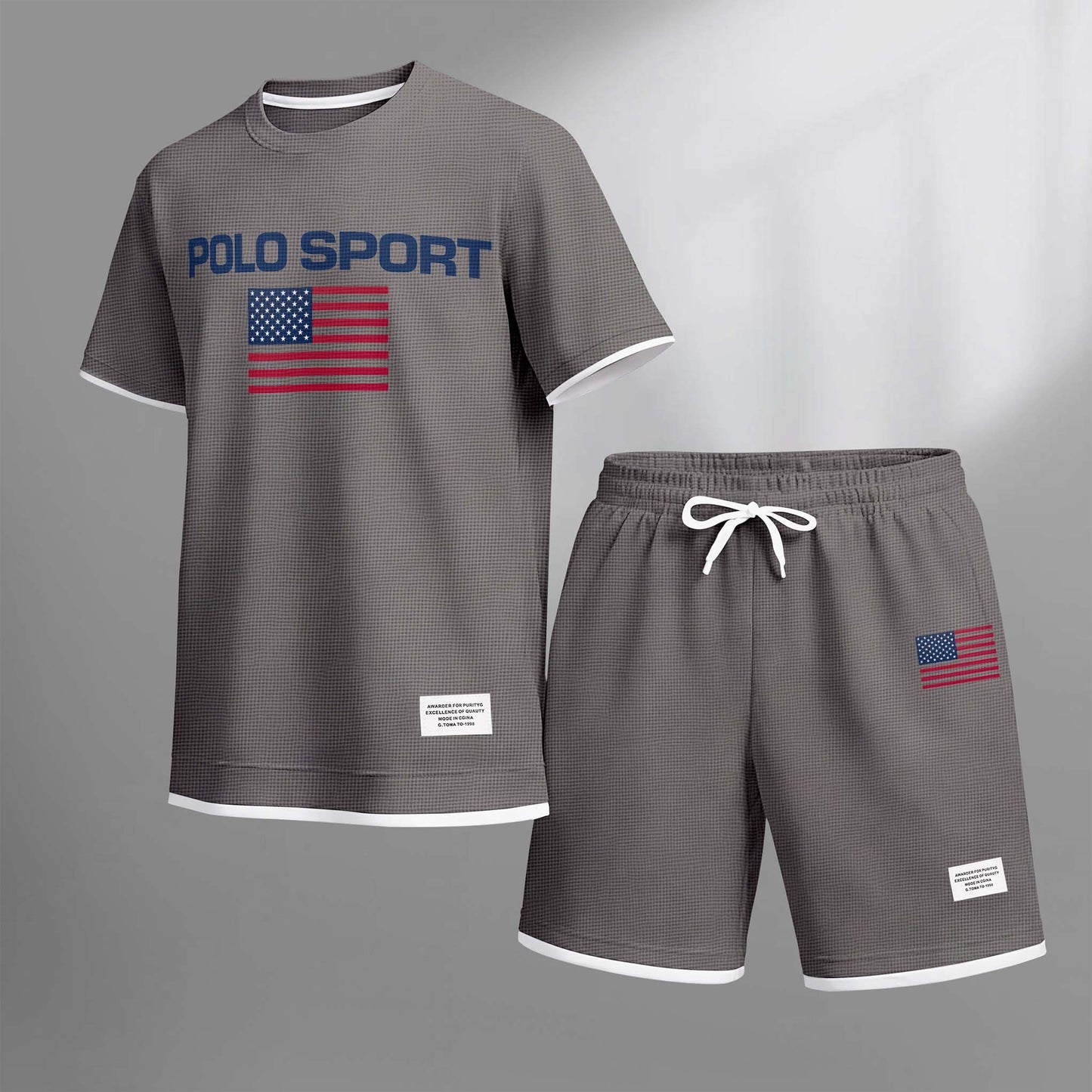 Men's Usa Polo Sport Print Drawstring Shorts Set For Spring/Summer. A Casual Summer Outfit, Including A Short-Sleeved Shirt And Shorts, Suitable For Everyday Wear And Sports. A Two-Piece Set For A Relaxed And Energetic Lifestyle.