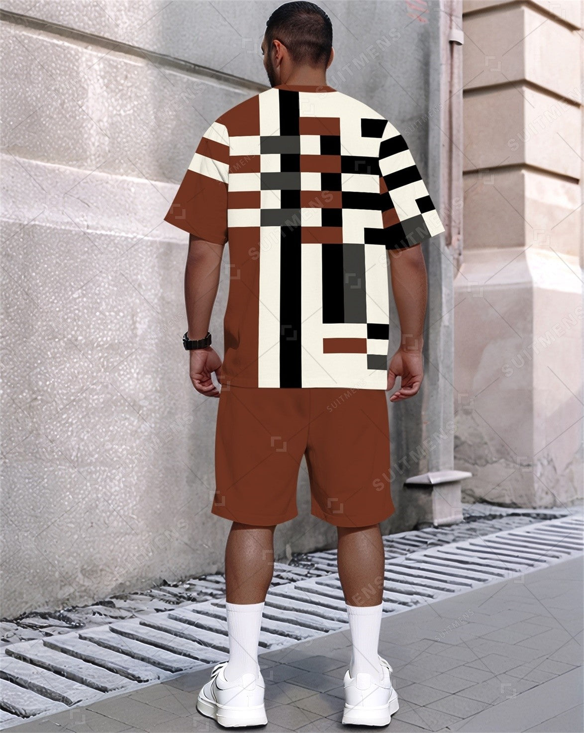 Men's Summer Color Matching Print Round Neck Set 316