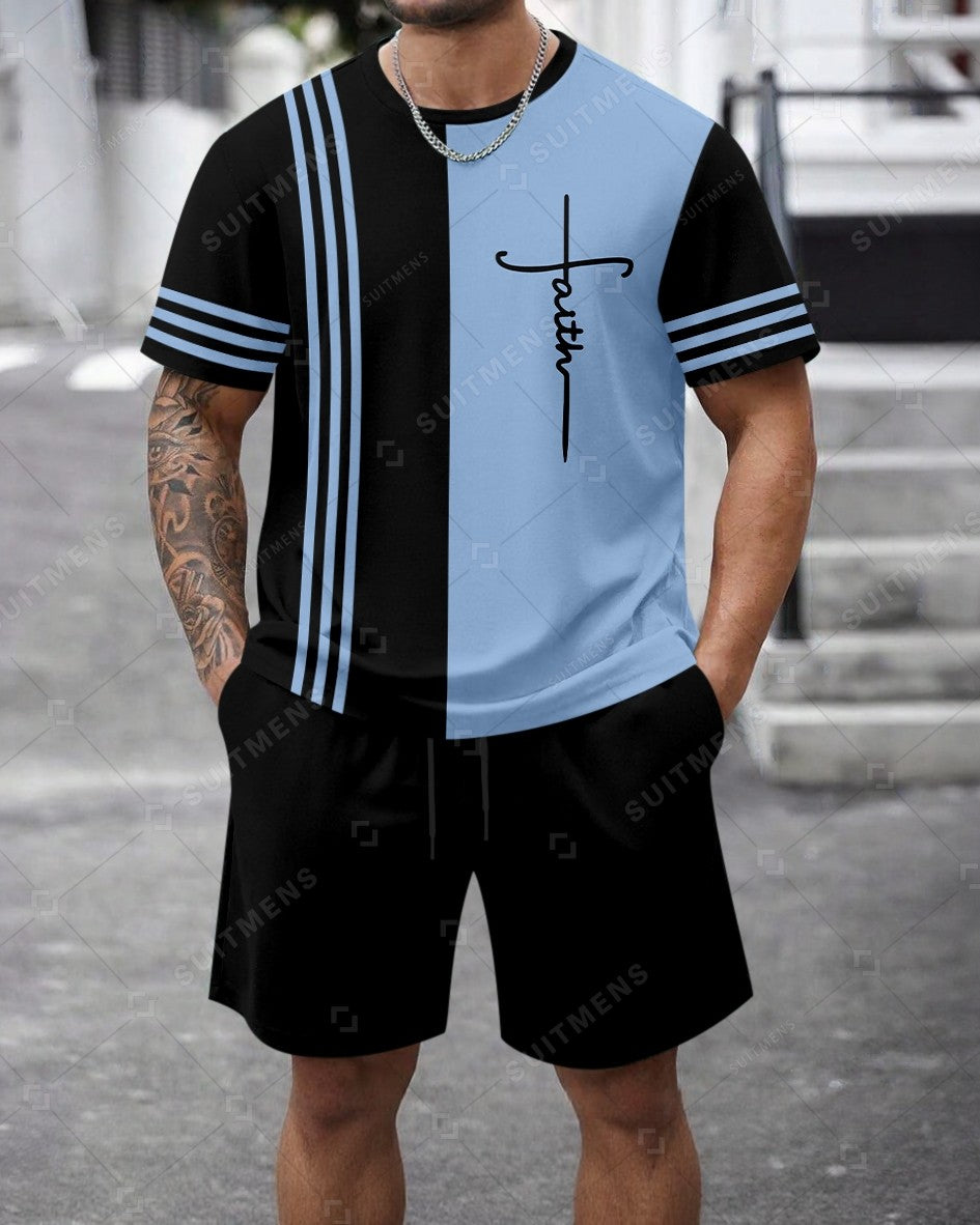 Men's Summer Colorblock Printed Round Neck Set 470