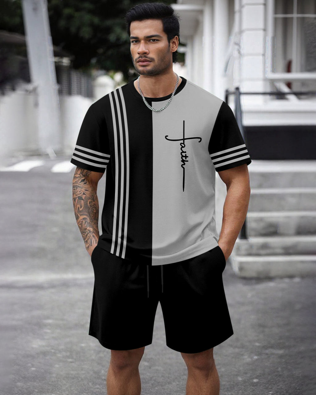 Men's Summer Colorblock Printed Round Neck Set 470