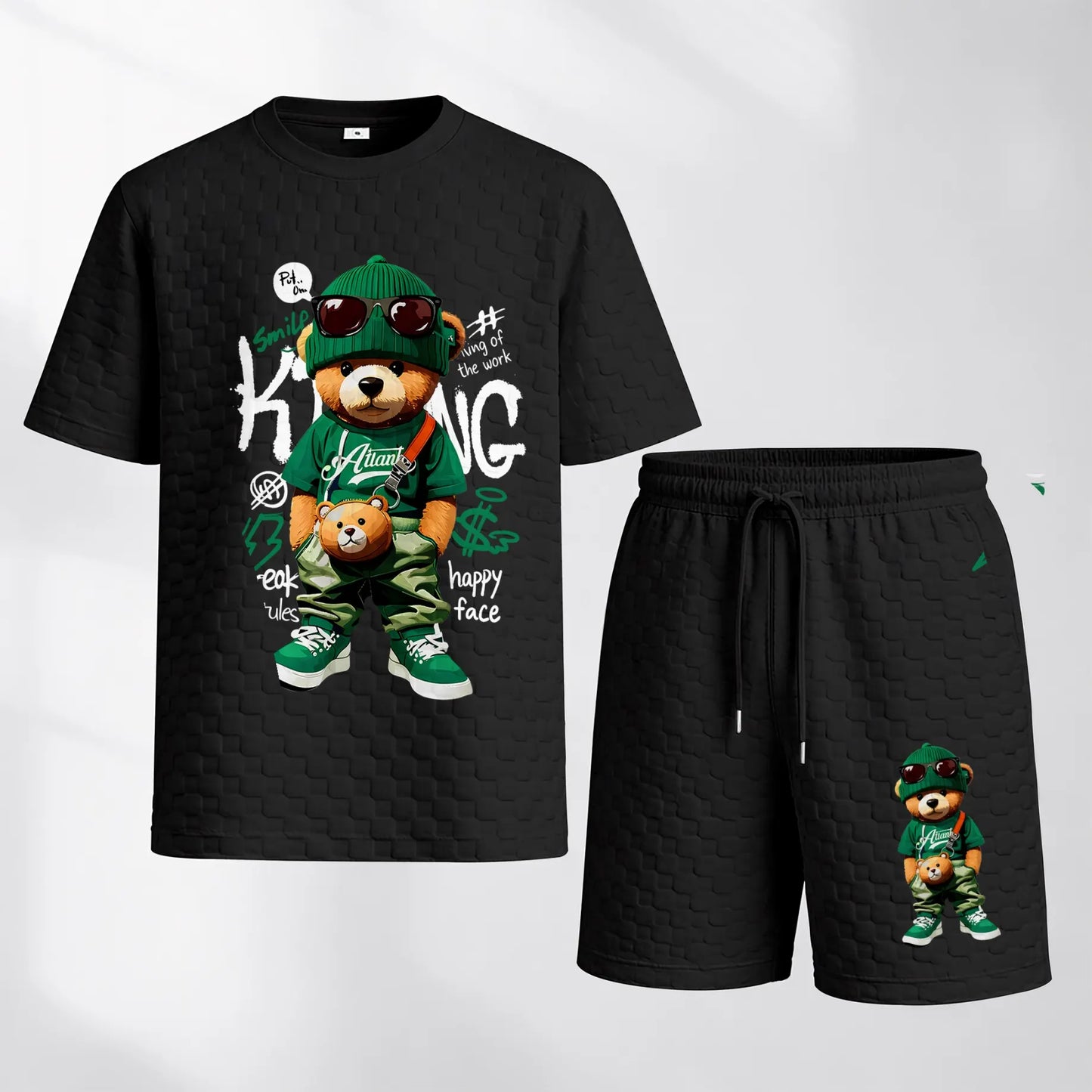 Men's Bear Graphic Print Spring And Summer Drawstring Shorts Set, A Casual Summer Outfit, Including A Short-Sleeved Shirt And Shorts, Suitable For Everyday Wear And Sports Activities.