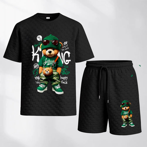 Men's Bear Graphic Print Spring And Summer Drawstring Shorts Set, A Casual Summer Outfit, Including A Short-Sleeved Shirt And Shorts, Suitable For Everyday Wear And Sports Activities.