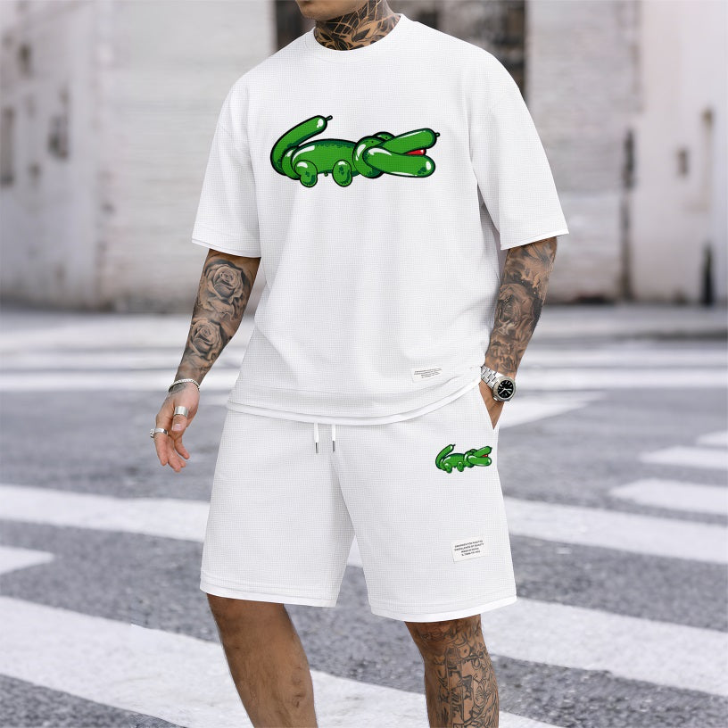 Men's Balloon Crocodile Print Waffle Fabric Short-Sleeved Shirt And Shorts Set