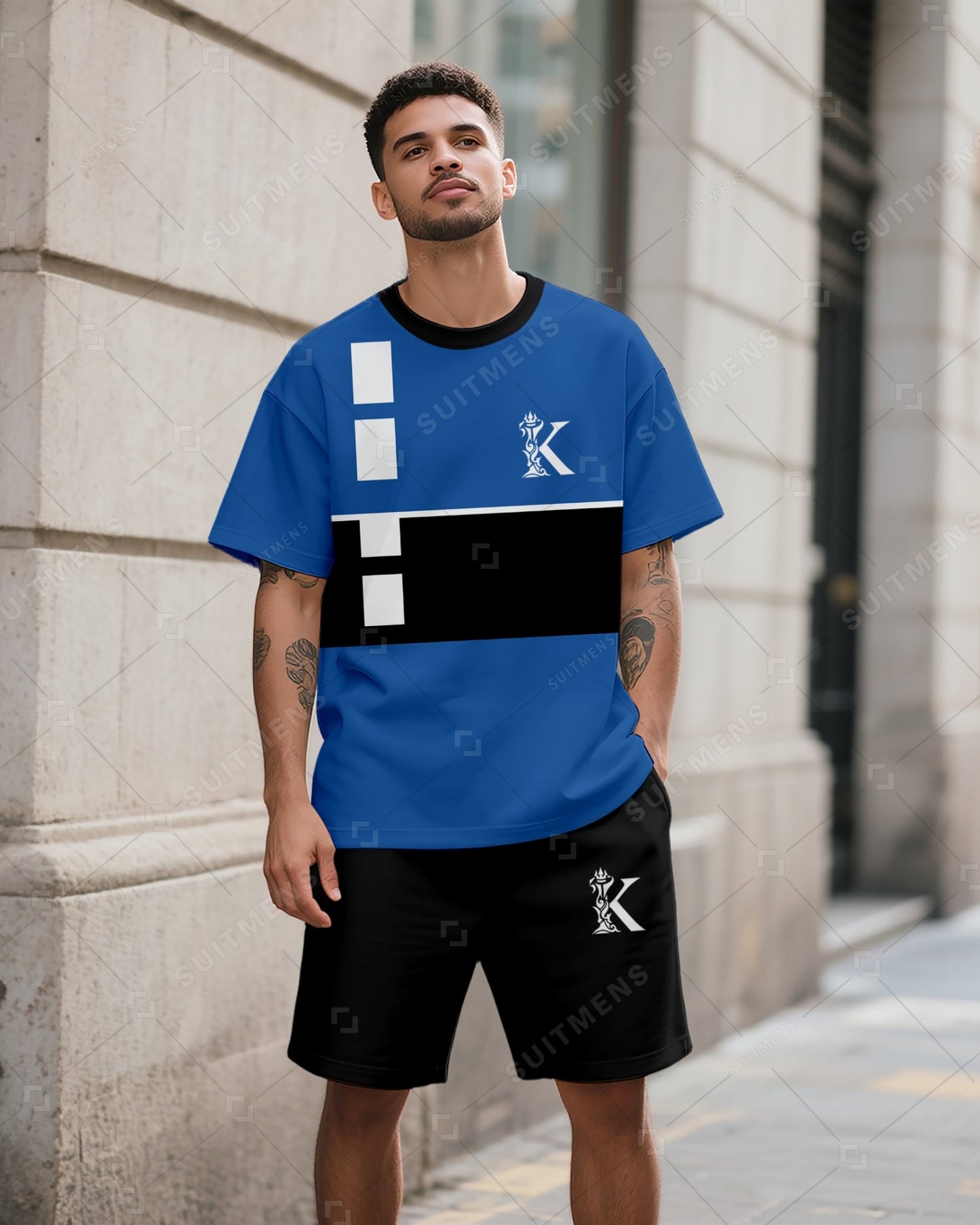 Men's Summer Colorblock Printed Round Neck Suit 050