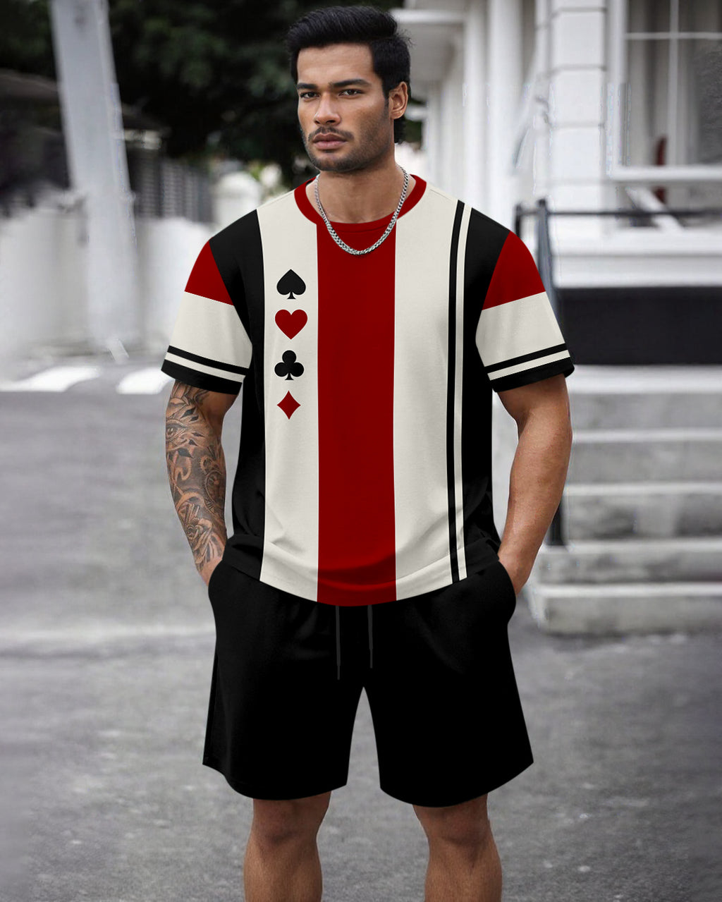 Men's Summer Colorblock Printed Round Neck Set 475