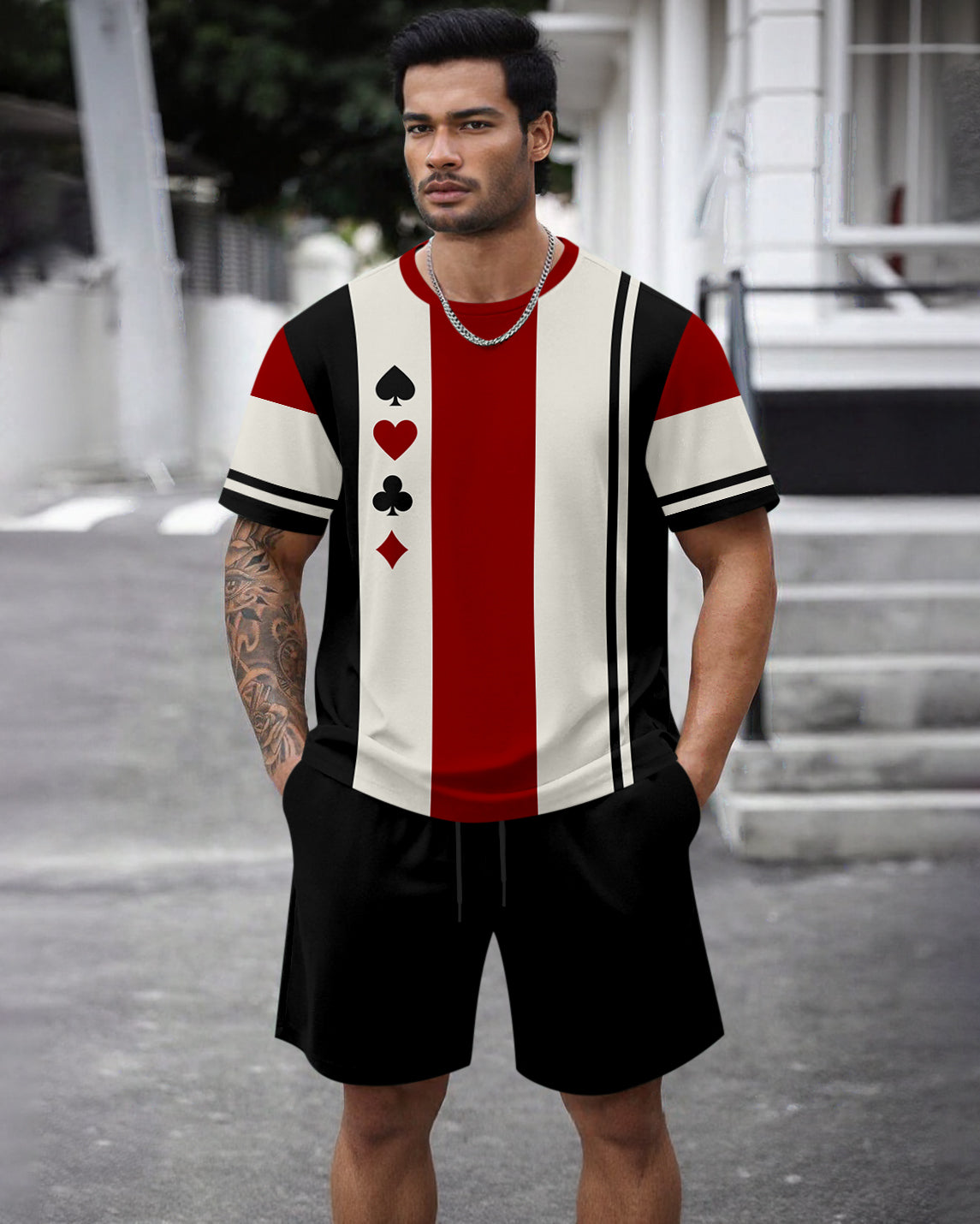 Men's Summer Colorblock Printed Round Neck Set 475