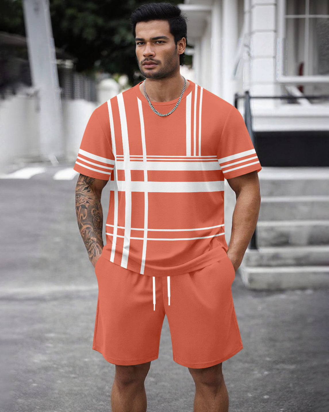 Men's Summer Colorblock Printed Round Neck Set 466