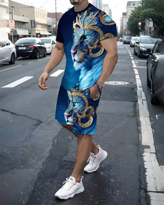 Men's Summer Gradient Lion Print Round Neck Set 221