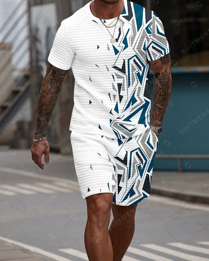 Men's Casual Waffle Textured Summer Round Neck Short Sleeve Shorts Set 006