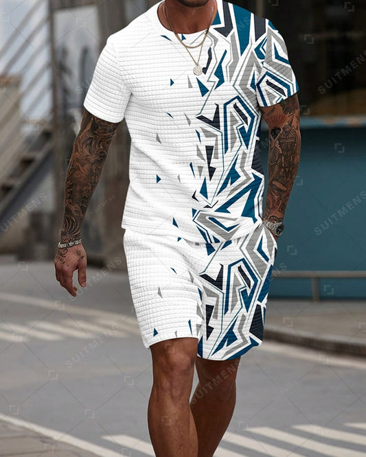 Men's Casual Waffle Textured Summer Round Neck Short Sleeve Shorts Set 006