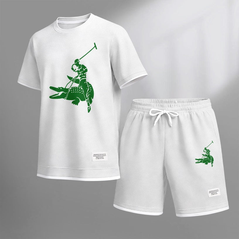 Men's Funny Crocodile Print Waffle Fabric Short-Sleeved Shirt And Shorts Set 02