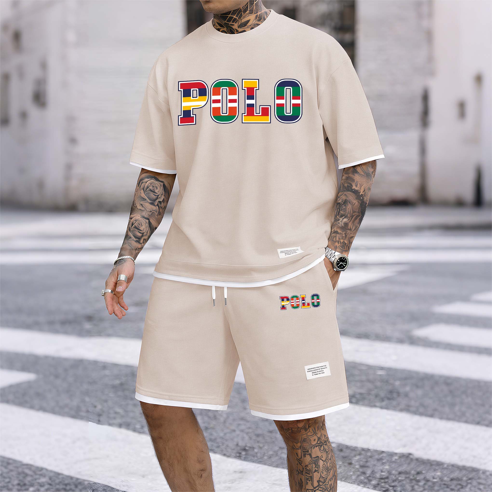 Men's Polo Print Drawstring Shorts Set For Spring/Summer. A Casual Summer Outfit, Including A Short-Sleeved Shirt And Shorts, Suitable For Everyday Wear And Sports. A Two-Piece Set For A Relaxed And Energetic Lifestyle.