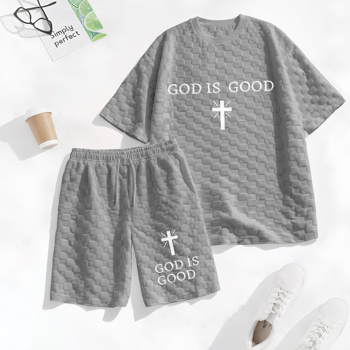Men's Spring and Summer God is Good Letter Print Checkered Fabric Drawstring Shorts Set, Casual Summer Outfit with Short-Sleeved Shirt and Shorts, Ideal for Everyday Wear and Sports Activities