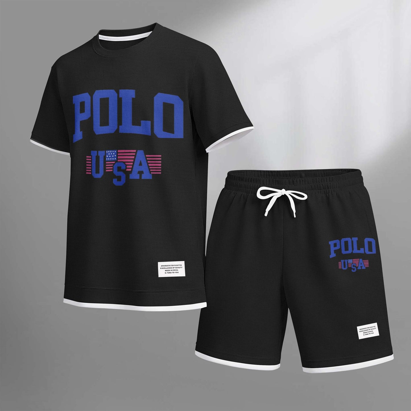 Men's USA Polo Print Drawstring Shorts Set For Spring/Summer. A Casual Summer Outfit, Including A Short-Sleeved Shirt And Shorts, Suitable For Everyday Wear And Sports. A Two-Piece Set For A Relaxed And Energetic Lifestyle.