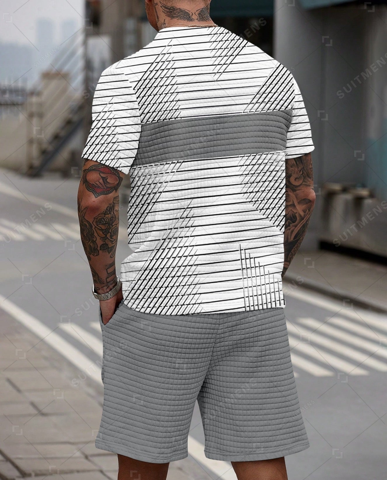 Men's Casual Waffle Textured Summer Round Neck Short Sleeve Shorts Set 0012