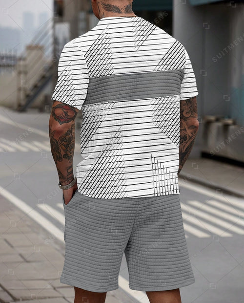 Men's Casual Waffle Textured Summer Round Neck Short Sleeve Shorts Set 0012