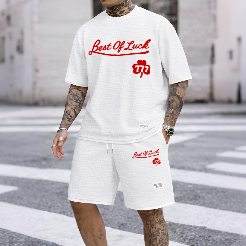 Men's Casual Style 777 Print Waffle Fabric Short-Sleeved Shirt And Shorts Set